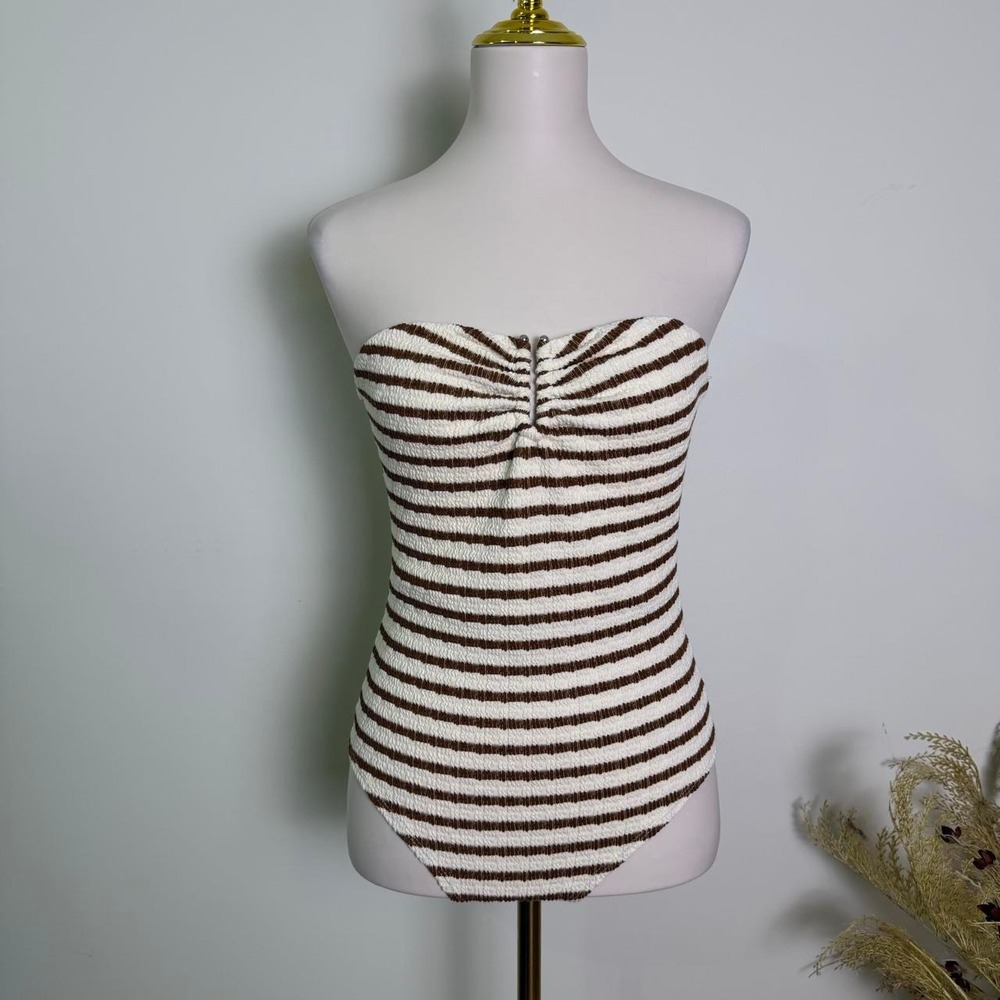 Gaze Size Large Brown & Cream Striped Textured Strapless Bodysuit